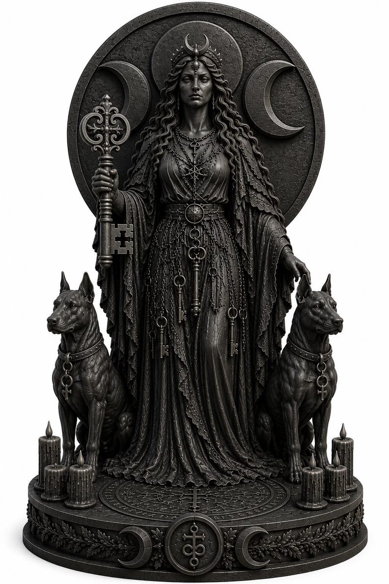K&ouml;nnte beinhalten: Eine dunkelgraue Statue einer Figur mit langem, welligem Haar, die eine Krone mit einem Halbmond tr&auml;gt und einen verzierten Schl&uuml;ssel h&auml;lt. Die Figur wird von zwei Hunden flankiert und von sechs Kerzen auf einem runden Sockel umgeben.