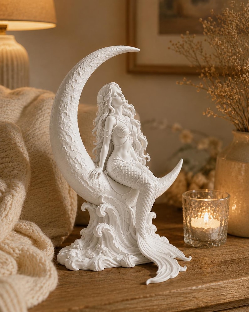 Puede incluir: Una escultura de sirena blanca sentada en una luna creciente, sobre olas estilizadas. La sirena tiene cabello largo y suelto y lleva joyas delicadas. Es un objeto decorativo para la decoraci&oacute;n del hogar.