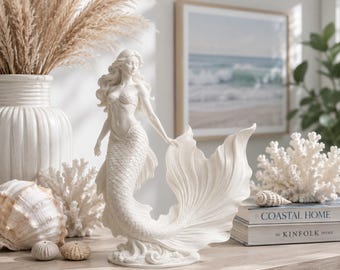 Estatua de sirena, decoración costera para el hogar, escultura de diosa del océano, adorno para casa de playa, regalo náutico.