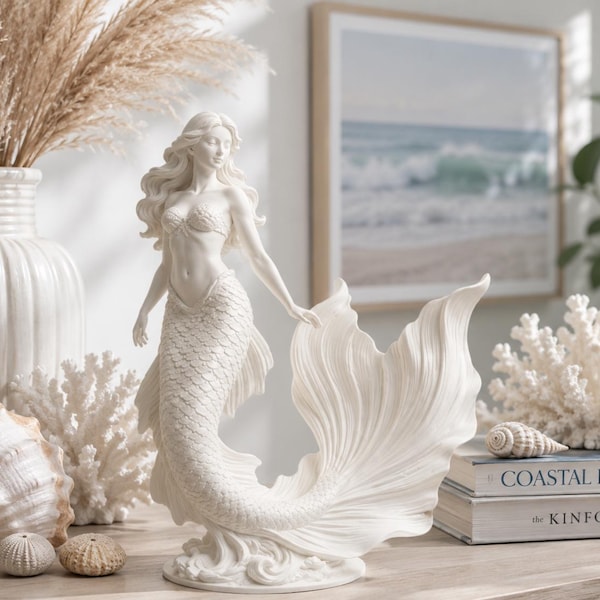 Mermaid Statue, Coastal Home Decor, Ocean Goddess Sculpture, Beach House Accent, Nautical Gift
