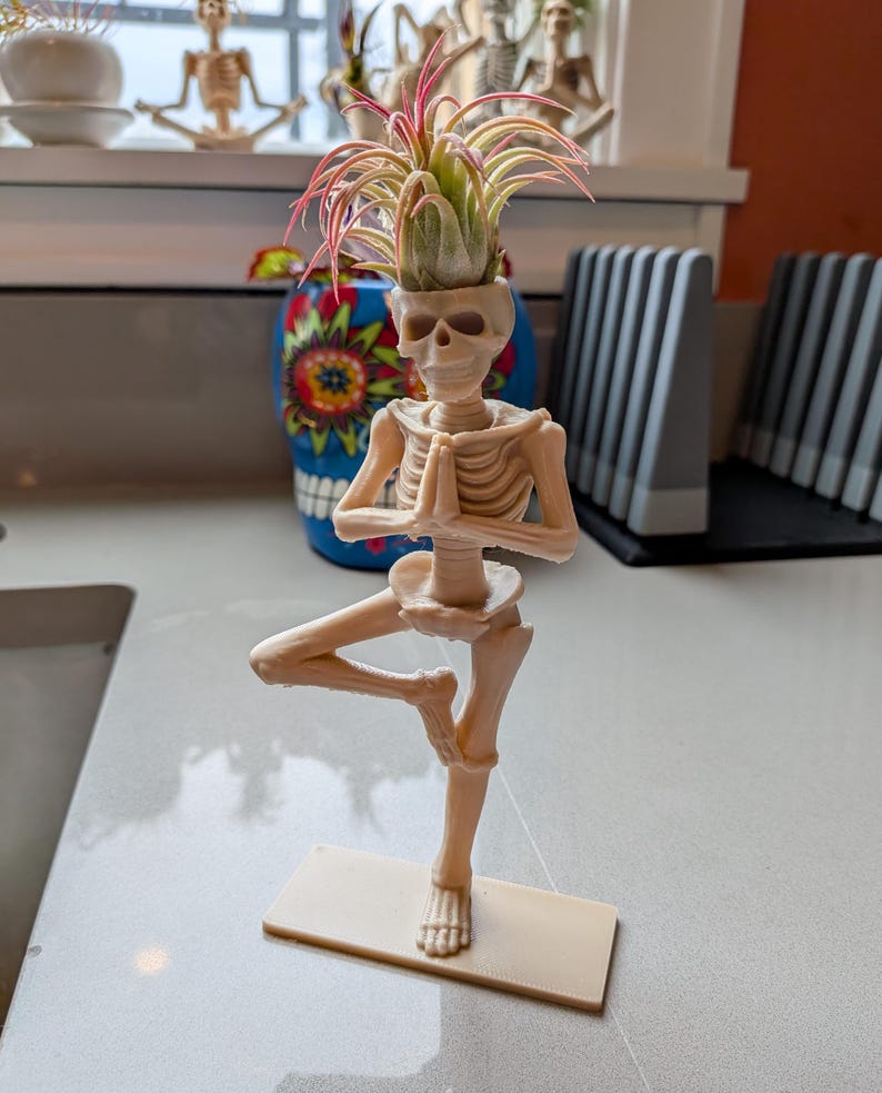 May include: A beige skeleton figurine in a yoga pose, holding a plant with green and red leaves. The skeleton is standing on a beige rectangular base. A blue and colorful skull vase is in the background.