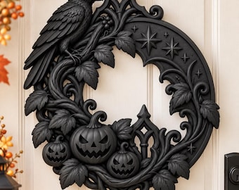 Decoración de Puerta Halloween con Cuervo Gótico, Calabazas y Luna Creciente