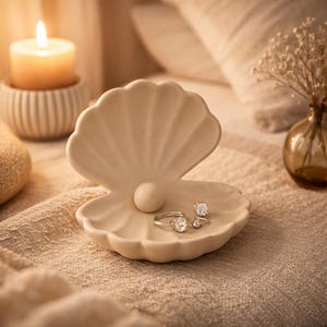 May include: A beige seashell-shaped jewelry dish with a pearl and two rings with clear stones. A lit candle in a white holder and a small vase with dried flowers are in the background. The dish sits on a textured beige surface.