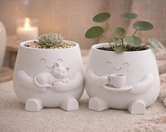 Cat Hug & Coffee Planter Pot, Succulent Planters, Cozy Home Garden Decor