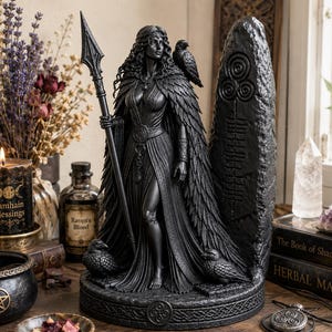 May include: A black statue of a standing figure holding a tall spear, wearing a feathered cloak with a bird perched on the shoulder. Two smaller birds sit at the base near a tall, textured stone slab featuring carved symbols and Ogham-like markings.