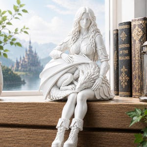 May include: A white matte figurine of a long-haired person sitting and cradling a small dragon with folded wings. The figure wears textured armor, a skirt, and lace-up boots. The sculpture is rendered in a solid, monochromatic white finish.