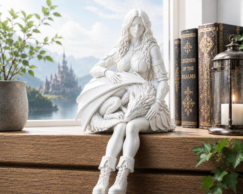 May include: A white matte figurine of a long-haired person sitting and cradling a small dragon with folded wings. The figure wears textured armor, a skirt, and lace-up boots. The sculpture is rendered in a solid, monochromatic white finish.
