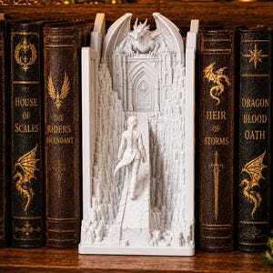 Puede incluir: Un inserto de estantería blanco con una figura esculpida caminando hacia una puerta gótica arqueada bajo un dragón. La estructura está flanqueada por libros oscuros encuadernados en cuero con letras doradas e ilustraciones de dragones.