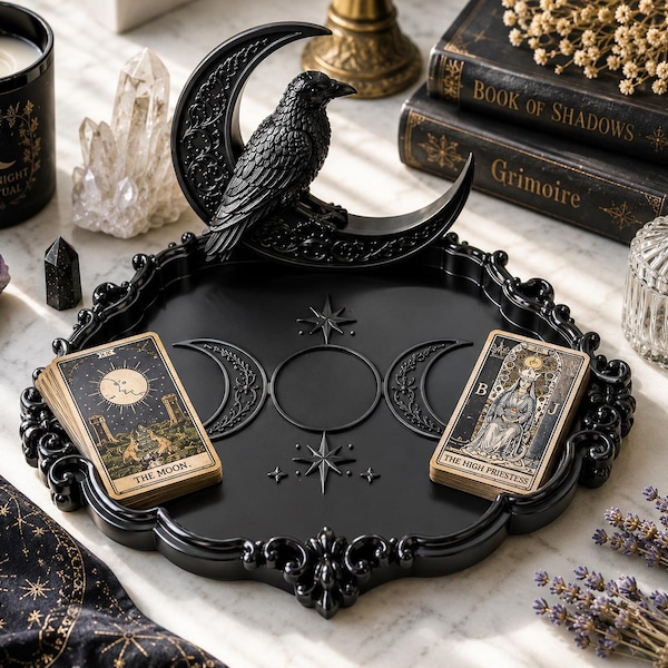 Gothic Raven Moon Tarot Tray, Triple Moon Altar Organizer, Witchy sieradenhouder