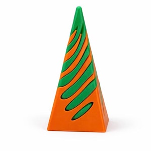 May include: A colorful, geometric pyramid-shaped object. The pyramid is orange with green, curved stripes. The top of the pyramid is green. The object is set against a white background.
