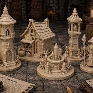 May include: A set of beige miniature fantasy structures including a tall stone tower, a small shop with a cauldron, a crystal fountain, a lantern tower, and a wizard figurine holding a staff and book, all featuring detailed brick and crystal textures.