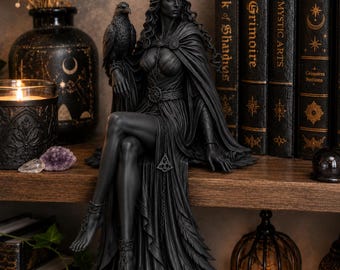 Morrigan Shelf Sitter Statue, Celtic Raven Goddess, Gothic Bookshelf Figurine, Witchy Book Nook Decor