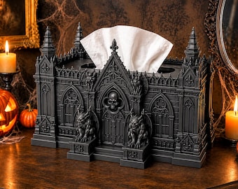 Funda para Caja de Pañuelos Gótica, Catedral Negra con Gárgolas, Decoración Halloween