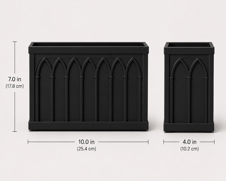 May include: Two matte black rectangular planters featuring a raised gothic arch pattern on the front. The larger planter measures 10.0 inches wide by 7.0 inches high, while the smaller square planter measures 4.0 inches wide by 7.0 inches high.