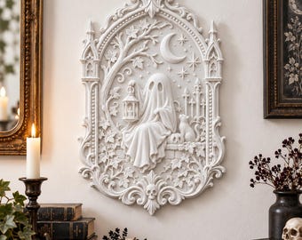 Placa de Pared Fantasma Gótica 25 cm, Decoración Halloween Victoriana, Arte Lunar Espeluznante