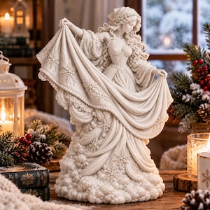 May include: A cream-coloured figurine of a figure with long flowing hair wearing a gown with intricate snowflake patterns and lace trim. The figure holds the fabric of the dress outward, revealing detailed textures and sculpted snowflake motifs.