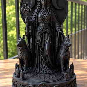 Op de afbeelding: Een matzwart standbeeld van een centrale figuur met een kroon en lange gewaden, die een decoratieve sleutelstaf vasthoudt. Twee honden zitten aan de zijkanten van de figuur op een ronde voet versierd met kaarsen en diverse symbolen.
