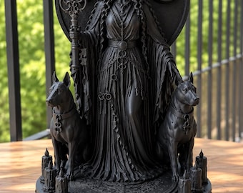 May include: A matte black statue of a central figure wearing a crown and long robes, holding a decorative key staff. Two dogs sit at the figure's sides on a circular base adorned with candles, moon phases, and intricate symbols in a dark finish.