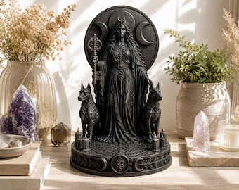 Hecate Triple Moon Statue, Gothic Witch Altar Decor, Dark Feminine Pagan Shelf Accent