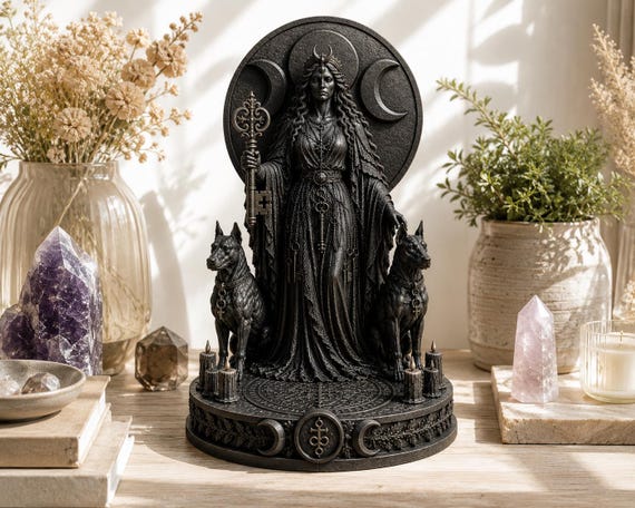 Hecate Triple Moon Statue, Gothic Witch Altar Decor, Dark Feminine Pagan Shelf Accent