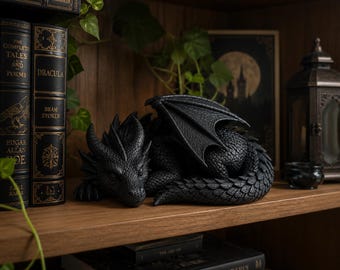 Sleeping Dragon Statue, Detailed Gothic Fantasy Shelf Decor, Dark Academia Room Accent