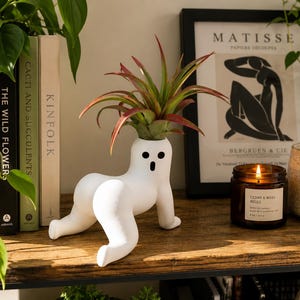 May include: A white ceramic planter shaped like a ghost in a crawling position with a surprised facial expression. The ghost has two black eyes and an open mouth, and it holds a spiky green and red air plant in its top opening.