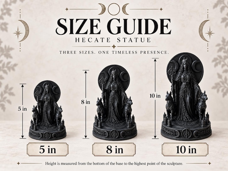 K&ouml;nnte beinhalten: Ein Gr&ouml;&szlig;enleitfaden f&uuml;r eine schwarze Hekate-Statue mit drei Versionen in den H&ouml;hen 12,7 cm, 20,3 cm und 25,4 cm. Der Text lautet SIZE GUIDE, HECATE STATUE, THREE SIZES. ONE TIMELESS PRESENCE, und die H&ouml;he wird ab der Basis gemessen.