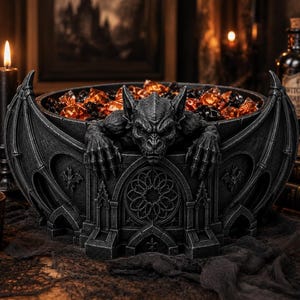 May include: A dark grey, stone-textured bowl featuring a sculpted gargoyle figure with outstretched wings. The bowl is decorated with gothic architectural elements, including arched windows and a central rose window design, filled with orange sweets.
