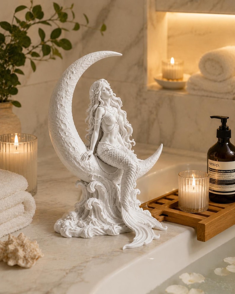 Puede incluir: Escultura de sirena blanca sentada en una luna creciente. La escultura tiene cabello largo y fluido y est&aacute; detallada con patrones de olas en la base. Decoraci&oacute;n adecuada para ba&ntilde;o o dormitorio.