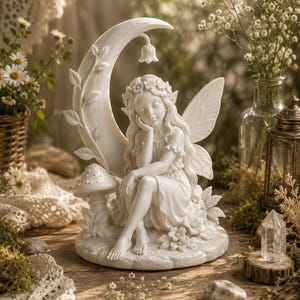 May include: A white ceramic fairy figurine seated on a crescent moon, with a mushroom and flowers. The fairy has closed eyes, a floral crown, and delicate wings. The figurine is on a wooden surface, with flowers and greenery in the background.