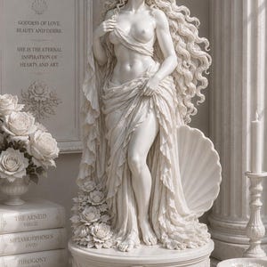 May include: A white marble statue of Venus, the goddess of love, beauty, and desire, with long flowing hair and draped fabric. The statue is on a pedestal with floral detailing, and the text "VENUS" is visible in the background.