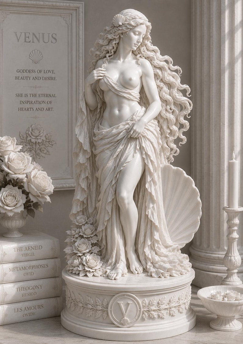May include: A white marble statue of Venus, the goddess of love, beauty, and desire, with long flowing hair and draped fabric. The statue is on a pedestal with floral detailing, and the text "VENUS" is visible in the background.