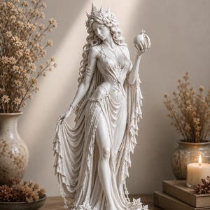 Może przedstawiać: Biała statua przedstawiająca stojącą postać z długimi, falującymi włosami, noszącą koronę i drapowaną szatę z liściastymi krawędziami. Postać trzyma w jednej dłoni granat i stoi na podstawie ozdobionej małymi czaszkami oraz motywami roślinnymi.