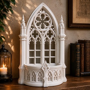 Puede incluir: Una ventana decorativa blanca de estilo gótico con intrincados detalles y un balcón. La ventana arqueada presenta un diseño de cuadrifolio en la parte superior y paneles rectangulares. El balcón tiene un patrón de arcos repetido. La pieza está sobre una superficie de madera.