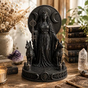 K&ouml;nnte beinhalten: Eine dunkelgraue Statue einer stehenden Figur mit Krone und langem Gewand, die einen gro&szlig;en verzierten Schl&uuml;ssel h&auml;lt. Die Figur wird von zwei Hunden flankiert und steht auf einem runden Sockel mit Mondsymbolen und kleinen Kerzen.
