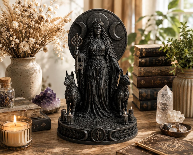 K&ouml;nnte beinhalten: Eine dunkelgraue Statue einer stehenden Figur mit Krone und langem Gewand, die einen gro&szlig;en verzierten Schl&uuml;ssel h&auml;lt. Die Figur wird von zwei Hunden flankiert und steht auf einem runden Sockel mit Mondsymbolen und kleinen Kerzen.