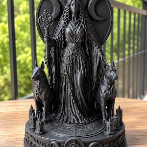 K&ouml;nnte beinhalten: Eine mattschwarze Statue einer zentralen Figur mit Krone und langem Gewand, die einen dekorativen Stab h&auml;lt. Die Figur wird von zwei Hunden flankiert und ist von kleinen Kerzen auf einem runden Sockel mit Mondphasen und Schnitzereien umgeben.
