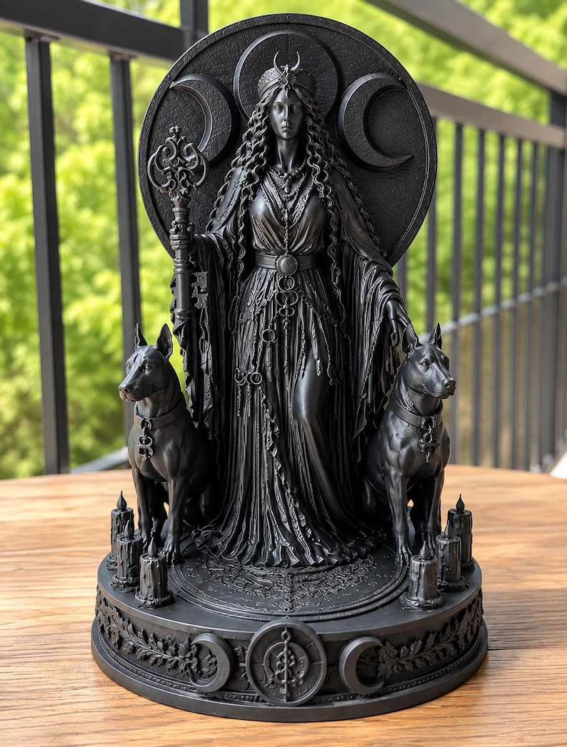 K&ouml;nnte beinhalten: Eine mattschwarze Statue einer zentralen Figur mit Krone und langem Gewand, die einen dekorativen Stab h&auml;lt. Die Figur wird von zwei Hunden flankiert und ist von kleinen Kerzen auf einem runden Sockel mit Mondphasen und Schnitzereien umgeben.