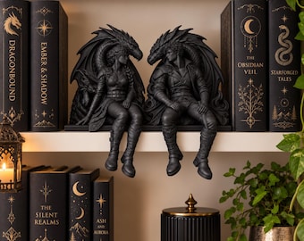 Pareja de Jinetes de Dragón, Figuras para Estantería, Decoración Romantasy Fantasy, Regalo para Amantes de los Libros