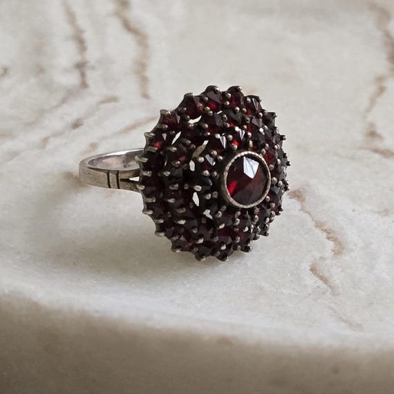 Antique Cluster Bohemian Garnet Silver Ring, Antique Silver Jewellery View 5