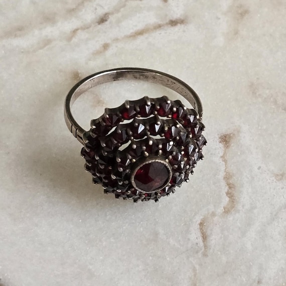 Antique Cluster Bohemian Garnet Silver Ring, Antique Silver Jewellery View 4