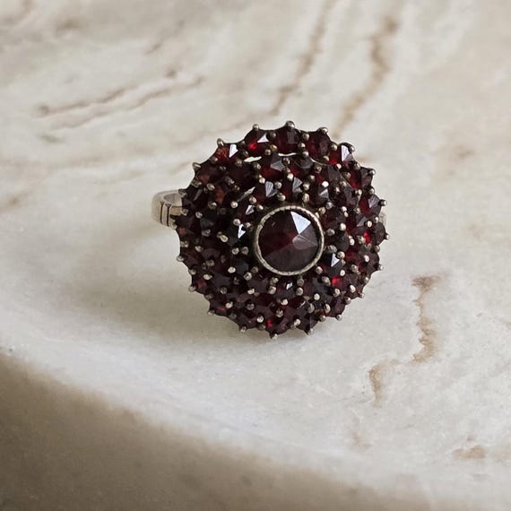 Antique Cluster Bohemian Garnet Silver Ring, Antique Silver Jewellery