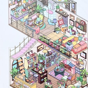 May include: A colorful, detailed illustration of a dollhouse interior. The multi-level structure features various rooms, including a study, living room, and kitchen, all furnished with miniature furniture, plants, and decorative items. The artwork is vibrant and whimsical.