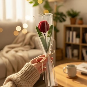 May include: A single red tulip in a clear cellophane wrapper, tied with a natural twine bow. The word "Love" is printed on the wrapper. The tulip has green leaves and is held by a person wearing a beige jumper.