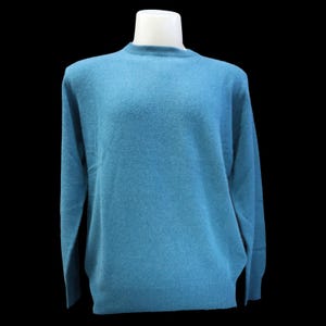 Könnte beinhalten: Ein türkisfarbener Pullover mit Rundhalsausschnitt und langen Ärmeln wird auf einer weißen Schaufensterpuppe vor schwarzem Hintergrund präsentiert. Der Pullover hat ein weiches, strukturiertes Aussehen und ein klassisches Design. Die Ärmel sind lang und der Saum ist gerade.