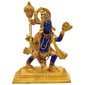 May include: A gold-colored statue of a deity with blue skin and intricate detailing. The figure holds a mace in one hand and a lotus flower in the other. Red accents are visible on the chest, arms, and legs. The statue is mounted on a gold-colored rectangular base.