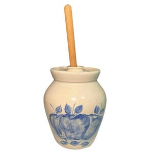 Vintage Casey Pottery Hand-Turned Stoneware "Mop Doll" Crock – Blue Apple Design – Marshall, TX