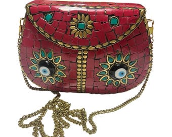Bolso bandolera de metal y latón con mosaico indio vintage y ojo turco, estilo boho.