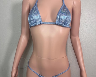 Babyblå kromade tvådelade bikinitränger exotiska danskläder, rave-outfit, strippoutfit