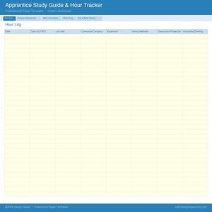Peut inclure: Un mod&egrave;le num&eacute;rique intitul&eacute; "Apprentice Study Guide & Hour Tracker" avec un en-t&ecirc;te bleu. Le mod&egrave;le comprend des champs pour la date, le chantier, l'entrepreneur et les m&eacute;thodes de c&acirc;blage. Le texte "Hour Log" est bien en &eacute;vidence. Le mod&egrave;le est destin&eacute; &agrave; un usage professionnel.